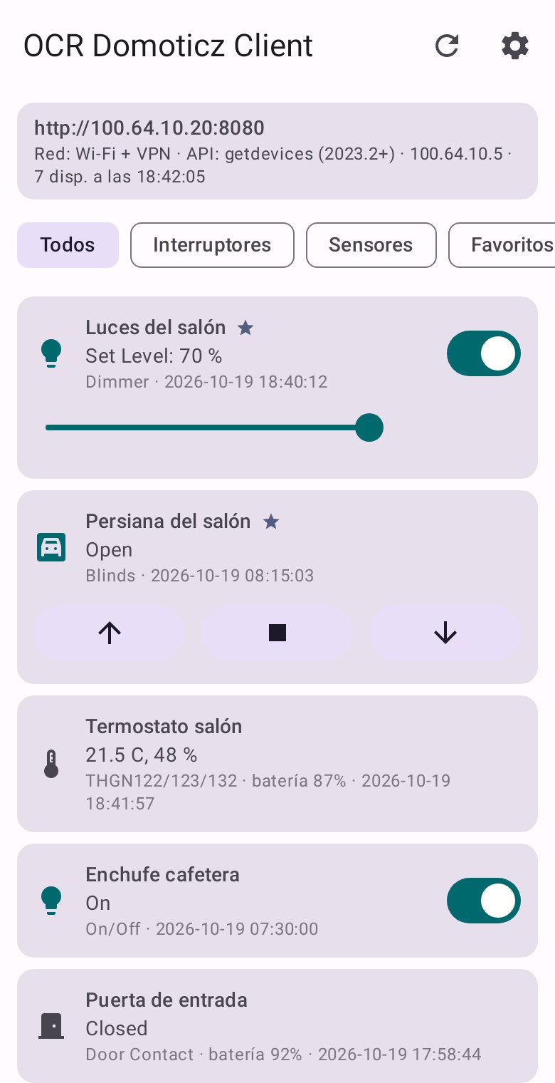 OCR Domoticz Client en un móvil Android: conexión a Domoticz por la VPN y lista de dispositivos de ejemplo, con las luces del salón al 70 %, la persiana con botones de subir, parar y bajar, el termostato a 21,5 °C, el enchufe de la cafetera encendido y la puerta de entrada cerrada