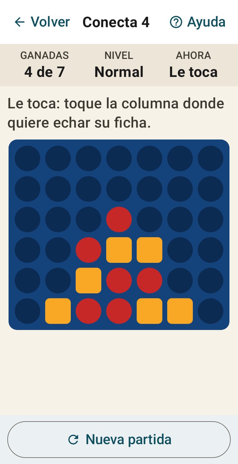 Partida de Conecta 4 en OCR Family Games: tablero azul con fichas rojas redondas del jugador y amarillas cuadradas de la máquina, partidas ganadas y aviso de que le toca jugar
