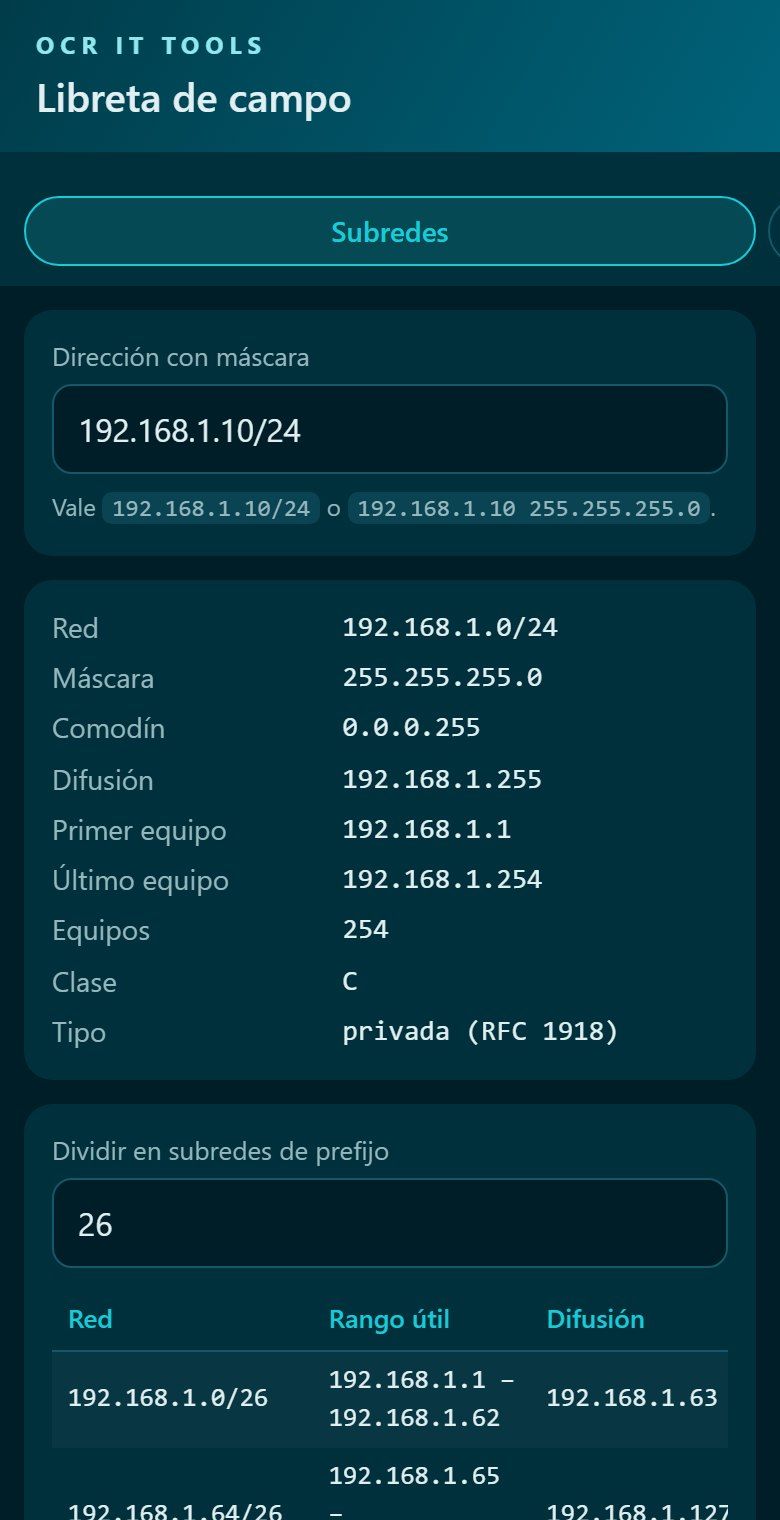 Libreta de campo de OCR IT Tools en un móvil: la calculadora de subredes con 192.168.1.10/24, red, máscara, difusión y 254 equipos