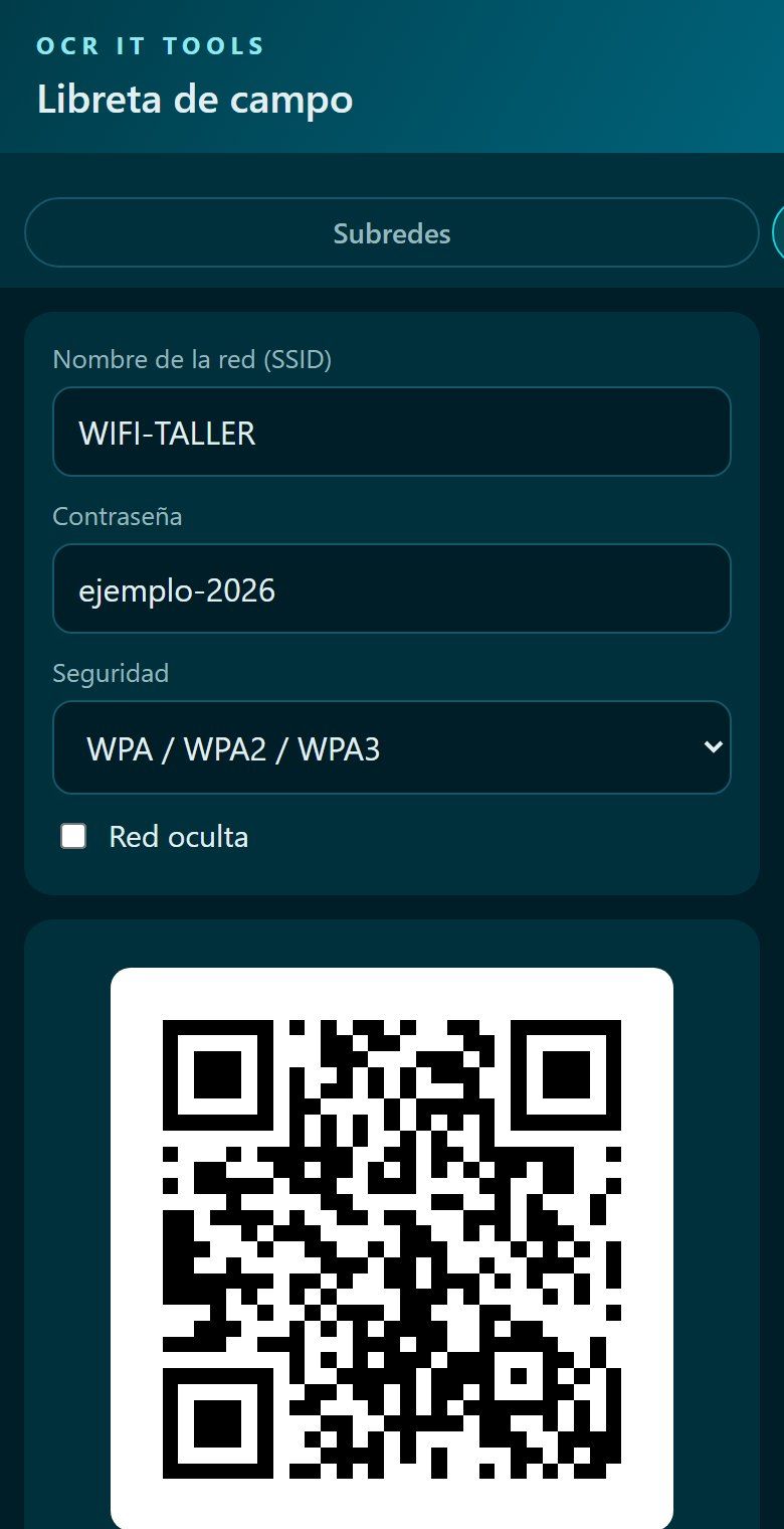La pantalla de QR wifi de la libreta: nombre de red y contraseña de ejemplo y el código QR generado