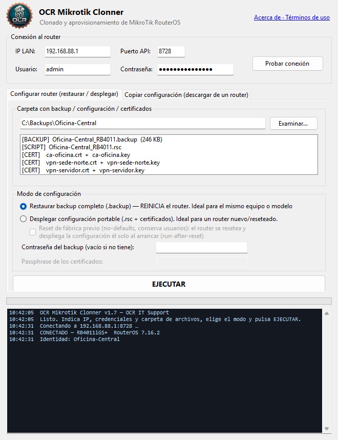 OCR Mikrotik Clonner conectado a un RB4011 de ejemplo, con una carpeta de backup, script y tres certificados listos para restaurar